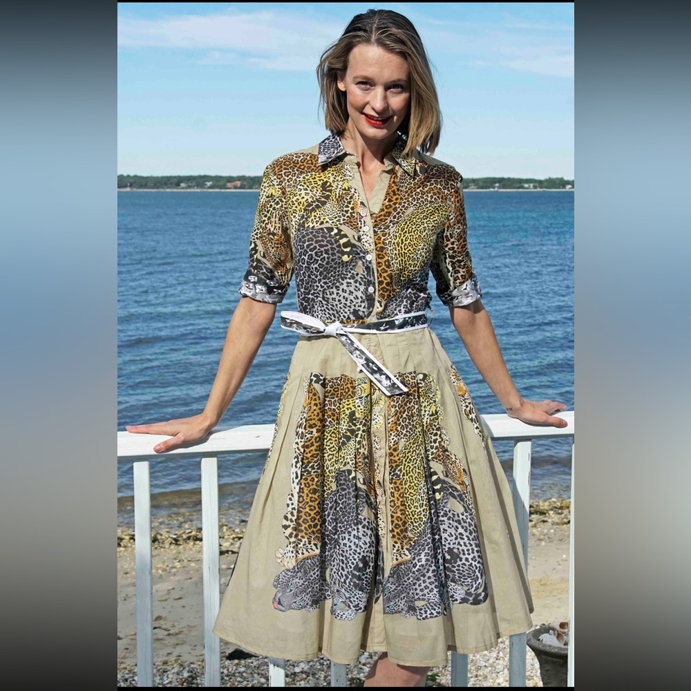 Animal Print Button-Front Midi Dress in Beige and Mixed Neutrals